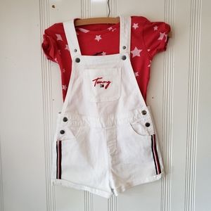 Tommy Hilfiger Girls Short Overalls & Red Top White Denim Stars Stripe Patriotic
